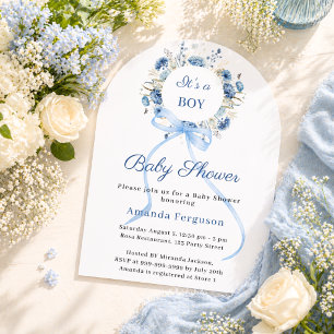 Invitación Arco de niño de lazo de corona floral azul Baby Sh