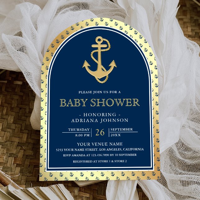 Invitación Arco de oro azul de la Marina Náutica Baby Shower (Subido por el creador)