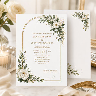 Invitación Arco de oro con flores de acuarela blancas y veget