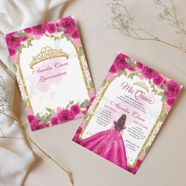 Invitación Arco de oro de princesa floral magenta rosa Quince (Subido por el creador)
