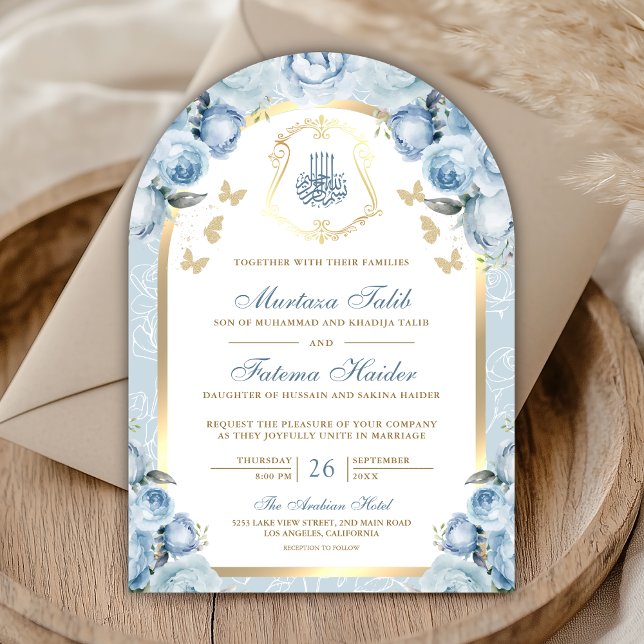 Invitación Arco de oro floral azul suave Boda musulmana (Subido por el creador)