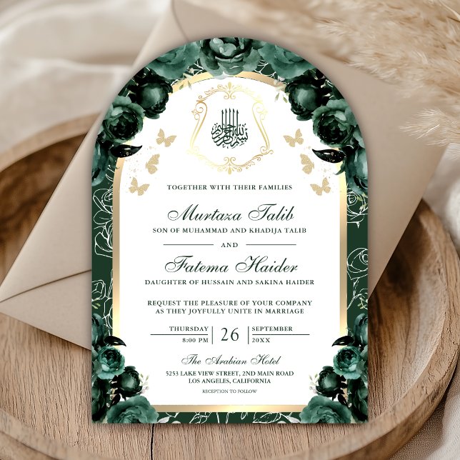 Invitación Arco de oro floral verde esmeralda Boda musulmana (Subido por el creador)