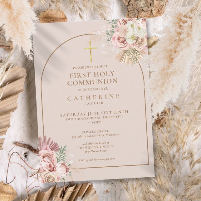 Invitación Arco de oro rosa Pampas Grass Primera Comunión (Pink Gold Arch Pampas Grass First Holy Communion Invitation)