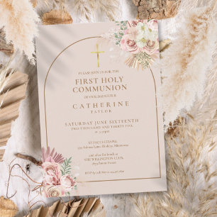 Invitación Arco de oro rosa Pampas Grass Primera Comunión