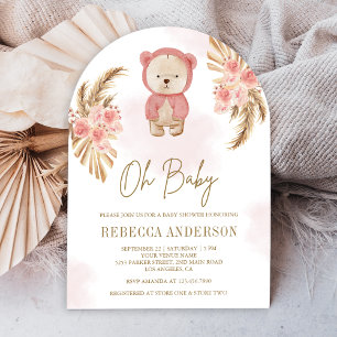 Invitación Arco de oso de peluche de pampas florales rosadas