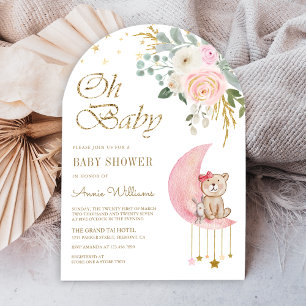 Invitación Arco de oso de peluche lindo luna floral rosa Baby