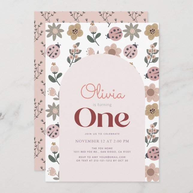 Invitación Arco de Patrón de Flores y Ladybug Primer Cumpleañ (Anverso / Reverso)
