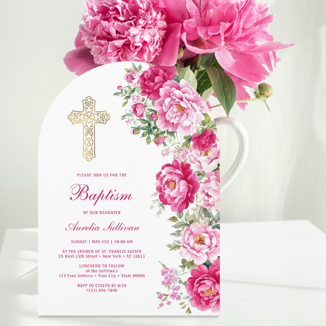 Invitación Arco de peonías rosa caliente Bautizo (Subido por el creador)