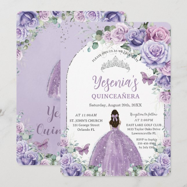Invitación Arco de Plata Quinceañera Floral de Lilac Púrpura  (Anverso / Reverso)