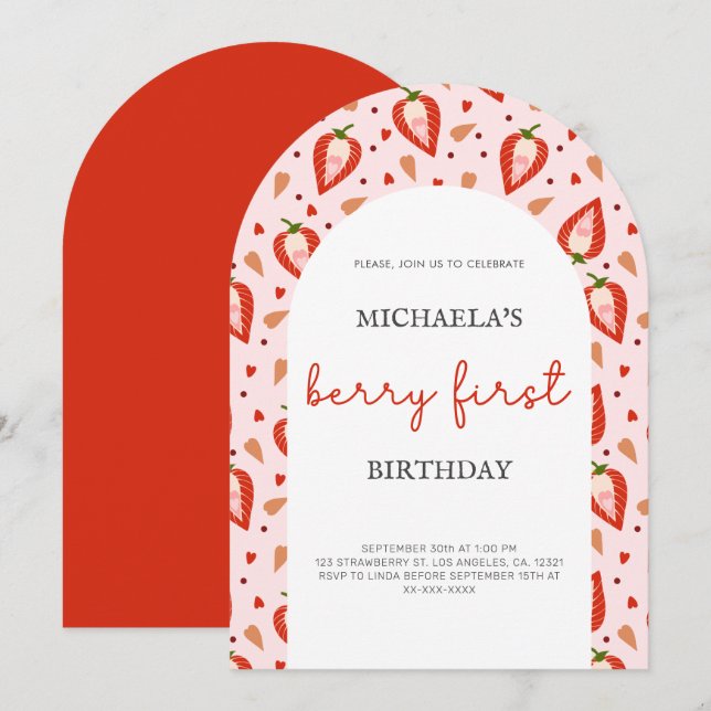 Invitación Arco de primer cumpleaños de Berry Rojo Rosado (Anverso / Reverso)