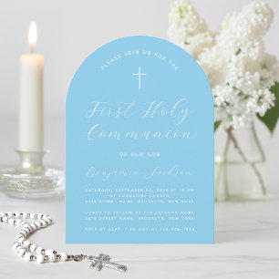 Invitación Arco de Primera Comunión Azul Simple Cruz Letra ma