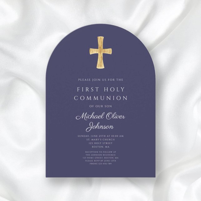 Invitación Arco de primera comunión de la cruz azul de la mar (Navy Blue Cross Religious Boy First Communion Arch Invitation)