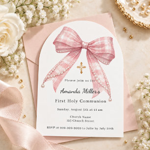 Invitación Arco de Primera Comunión de tartán con lazo rosa
