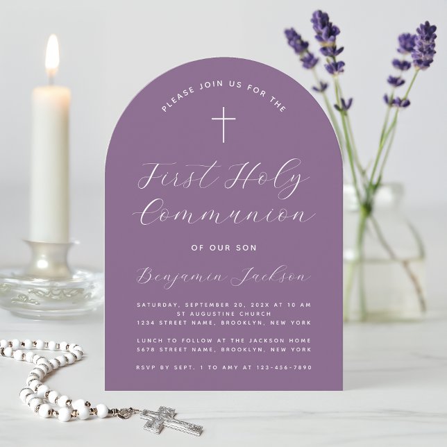 Invitación Arco de Primera Comunión Dusty Purple Simple Scrip (Subido por el creador)
