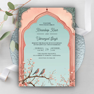 Invitación Arco de rama floral romántico pájaros boda india