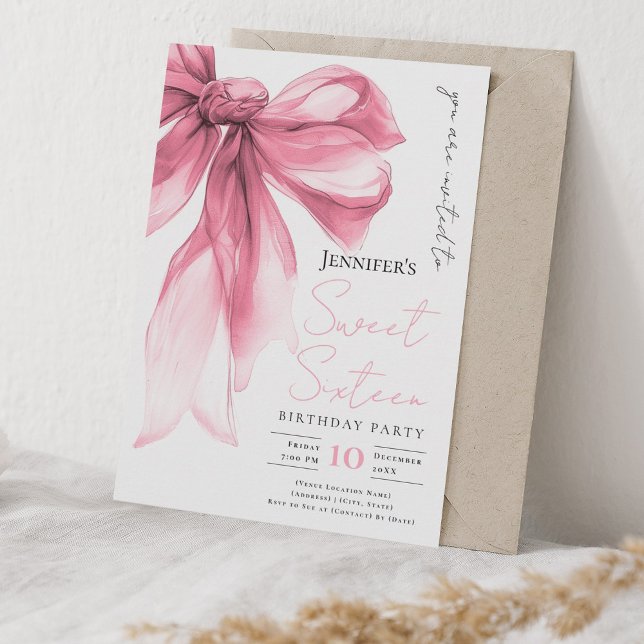 Invitación Arco de Rosa Sonrojo Coquette Script Fiesta Sweet  (Blush Pink Bow Coquette Script Sweet 16 Party Invitation)