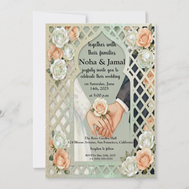 Invitación Arco de rosas brillantes elegantes pareja romántic (Anverso)