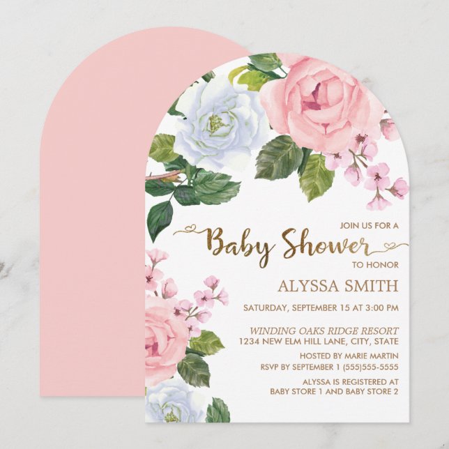 Invitación Arco de Rosas Florales Blancas Rosa Baby Shower (Anverso / Reverso)