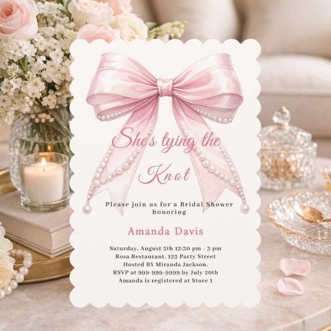 Invitación Arco de seda rosa perlas de marfil que atan el nud (Subido por el creador)