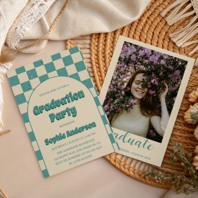 Invitación Arco de tablero de ajedrez azul turquesa retro par (Subido por el creador)