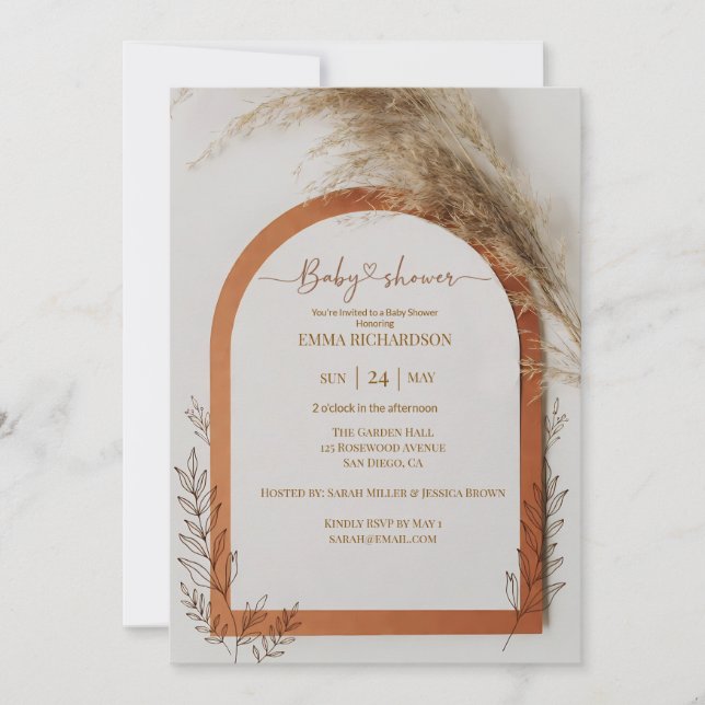 Invitación Arco de Terracota Boho con Hierba de Pampas para B (Anverso)