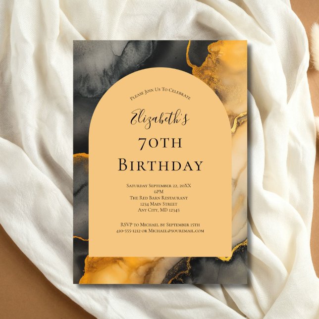Invitación Arco de tinta de oro negro para alcohol 70 cumplea (Black Gold Alcohol Ink 70th birthday ( or any year ) arch invitation. Printed or Digital)
