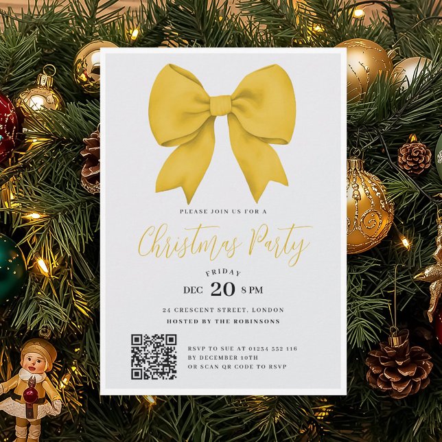 Invitación Arco de vacaciones de oro QR moderno Fiesta de Nav (Modern QR Gold Holiday Bow Christmas Party Invitation)