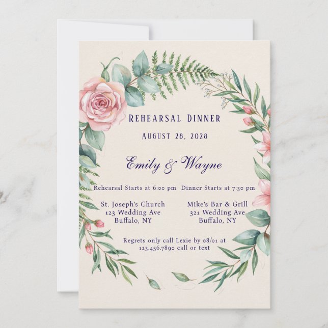 Invitación Arco de Vegetación con Cena de Ensayo de Flores Ro (Anverso)