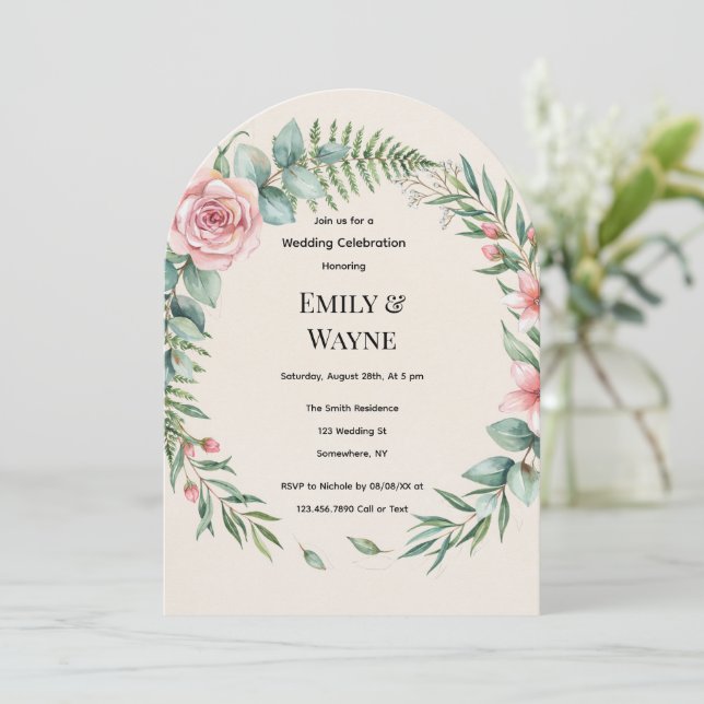 Invitación Arco de Vegetación con Flores Rosadas Boda Románti (Anverso de pie)