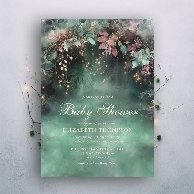 Invitación Arco de vegetación forestal encantado Baby Shower  (enchanted forest fairy faerie magical baby shower invitation emerald green pink mauve elegant)