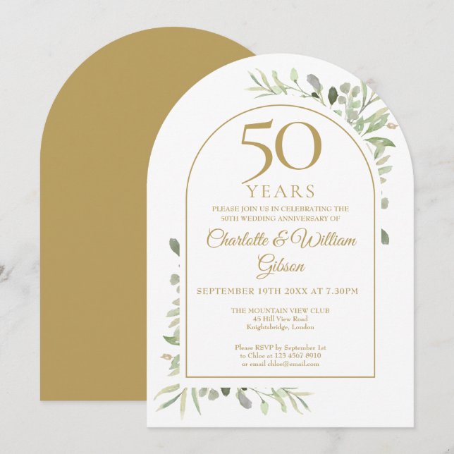 Invitación Arco de vegetación para aniversario de bodas de or (Anverso / Reverso)