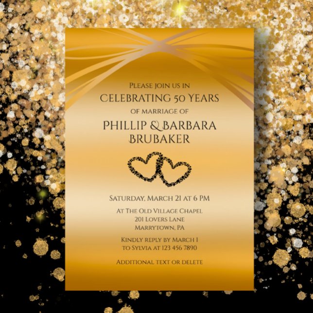 Invitación Arco del Corazón Original Dorado Personalizado 50  (Golden Arches 50th Wedding Anniversary celebration party invitation with custom elegant black script)