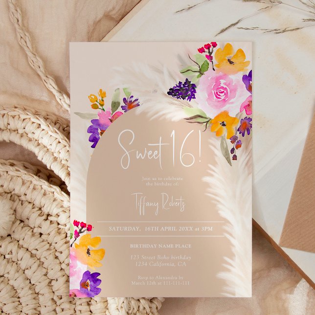 Invitación Arco del desierto de pampas florales beige boho du (Boho beige floral pampas desert arch Sweet 16 Invitation)