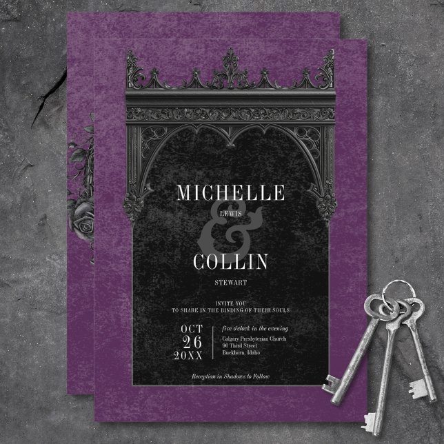 Invitación Arco doble gótico negro y Rosas negros morado (Gothic Black Double Arch & Black Roses Purple Invitation)