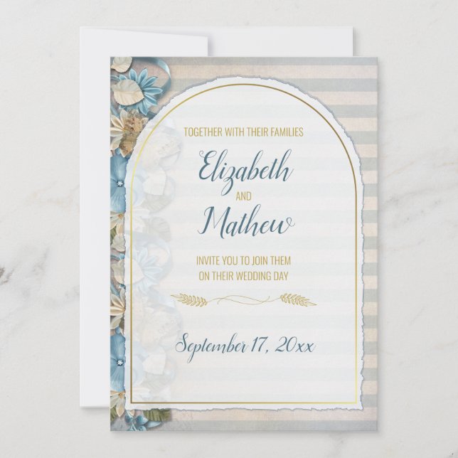Invitación Arco dorado boho script franja de chinoiserie azul (Anverso)