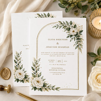 Invitación Arco dorado con flores blancas y vegetación de sal