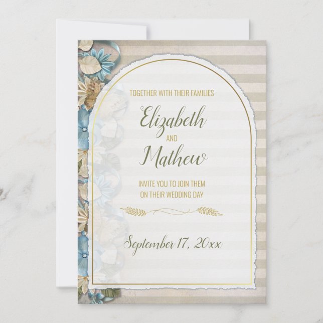 Invitación Arco dorado estilo boho caqui verde estampado chin (Anverso)