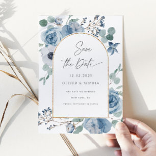 Invitación Arco dorado floral azul turbio Guardar fecha