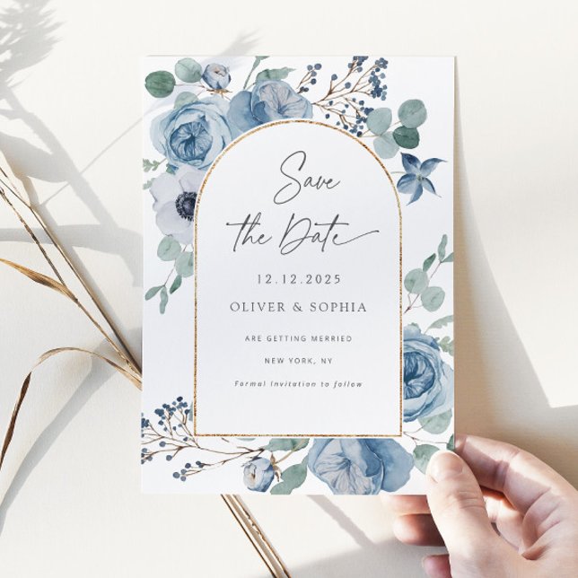 Invitación Arco dorado floral azul turbio Guardar fecha (Subido por el creador)
