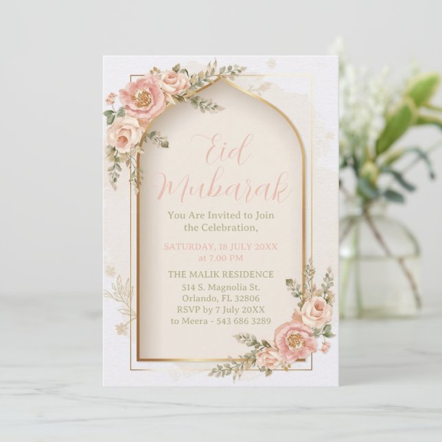 Invitación Arco Dorado Floral Rosa Eid Mubarak (Anverso de pie)