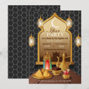 Invitación Arco Dorado Islámico, Linternas y Comida Fiesta If