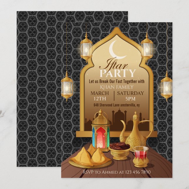 Invitación Arco Dorado Islámico, Linternas y Comida Fiesta If (Anverso / Reverso)
