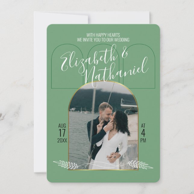 Invitación Arco Dorado Letra Boho Verde Fotos Personalizadas (Anverso)