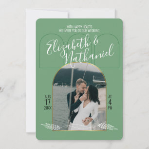 Invitación Arco Dorado Letra Boho Verde Fotos Personalizadas