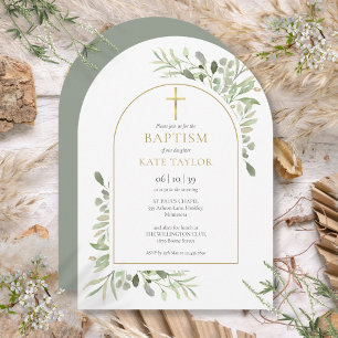Invitación Arco dorado para bautizo con vegetación en acuarel