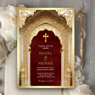 Invitación Arco dorado real religioso cristiano granate boda