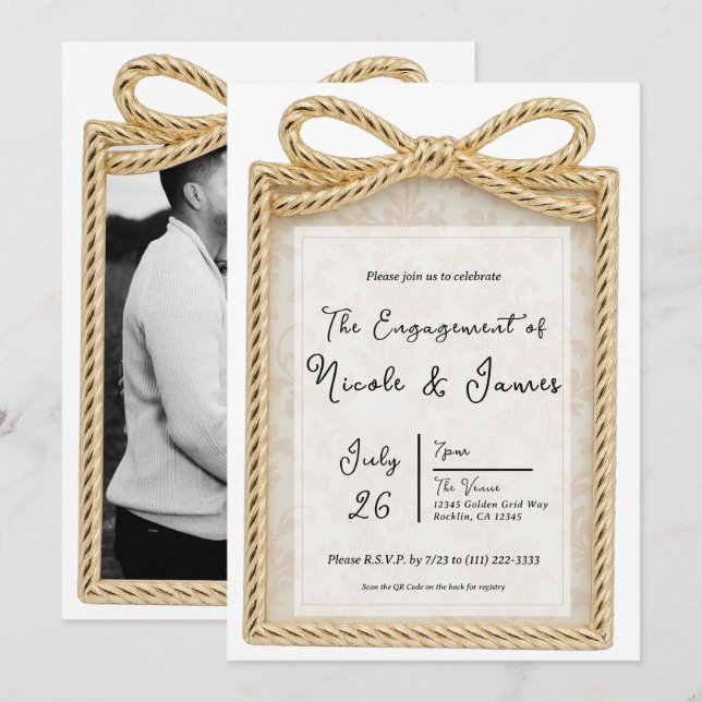 Invitación Arco Dorado Regalo Foto de Compromiso Fiesta (Anverso / Reverso)