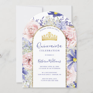 Invitación Arco dorado rosado morado floral Crown Quinceañera
