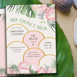 Invitación Arco Dorado Tropical Protea y Palma 15 Cumpleaños