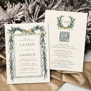 Invitación Arco dorado y guirnalda verde en boda de marfil to